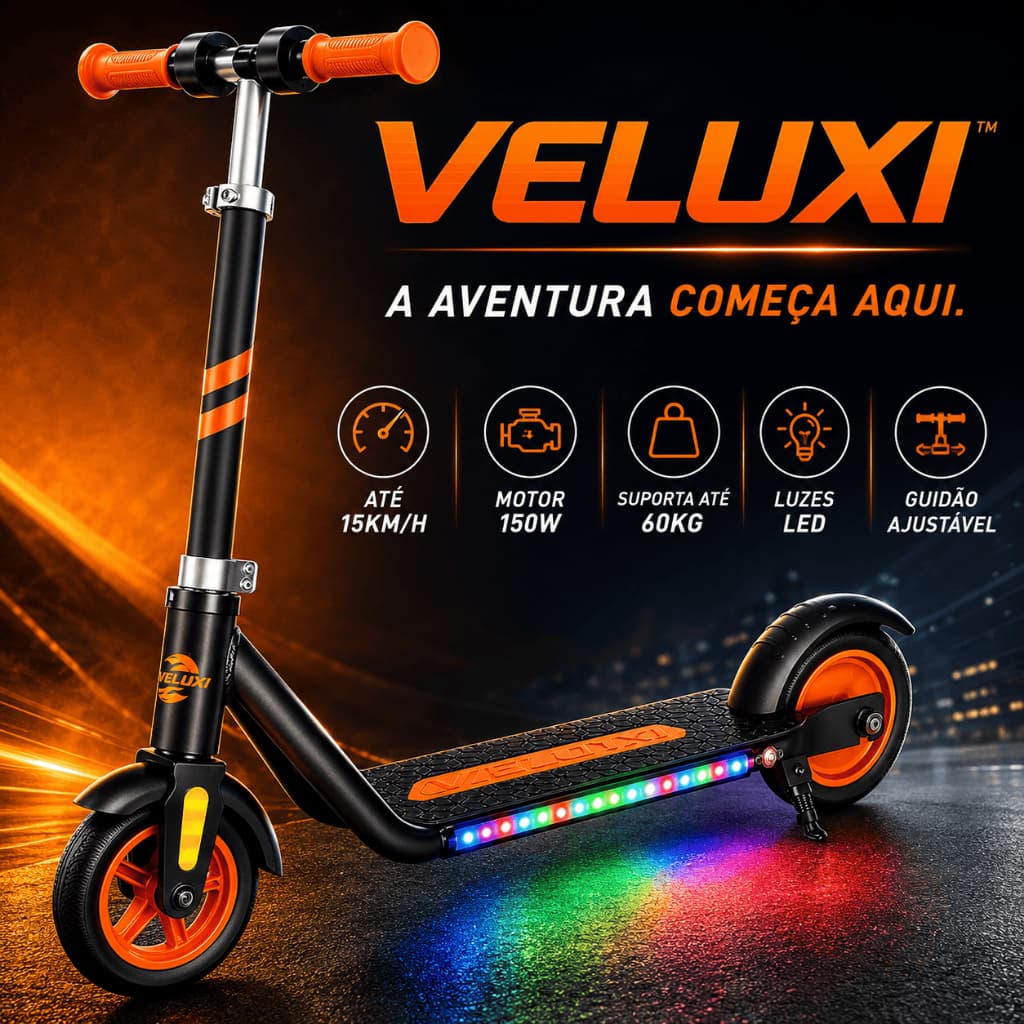 Patinete Elétrico Infantil VELUXI™ 150W com LED Até 15km/h Suporta 60kg Guidão Ajustável Laranja