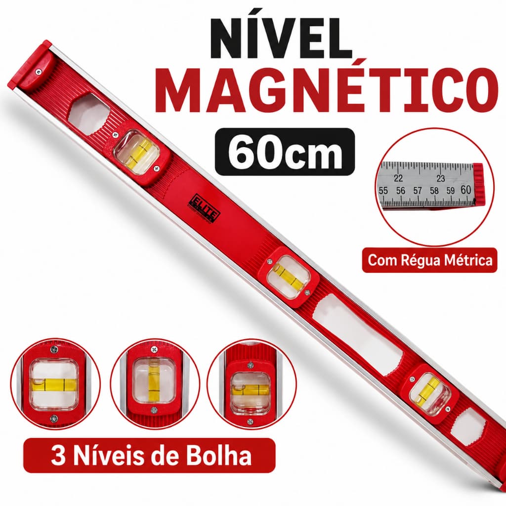Nível de Alumínio Imantado 60cm 3 Bolhas