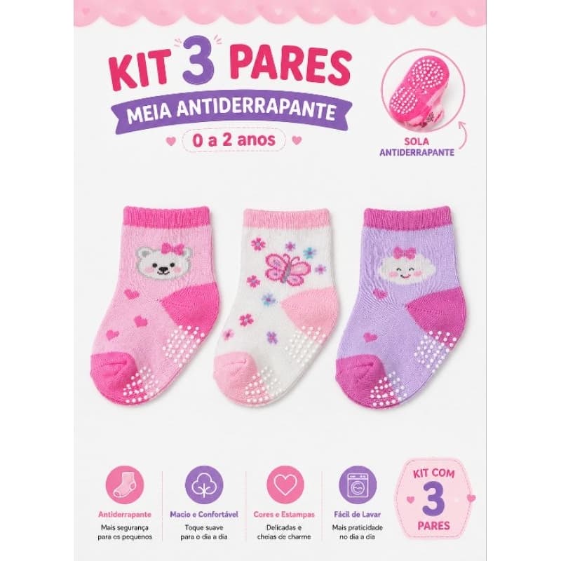 Kit 3 Pares Meia Antiderrapante Bebê Menina 0 a 2 Anos Infantil