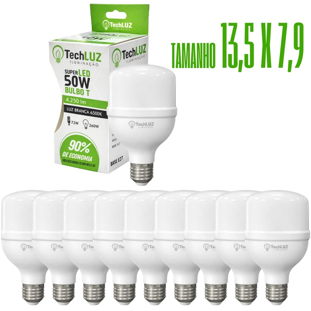 Kit 10 Lâmpadas Led 50W Bulbo 6500k Branco Frio (LUZ BRANCA) E27 Bivolt Inmetro Econômica