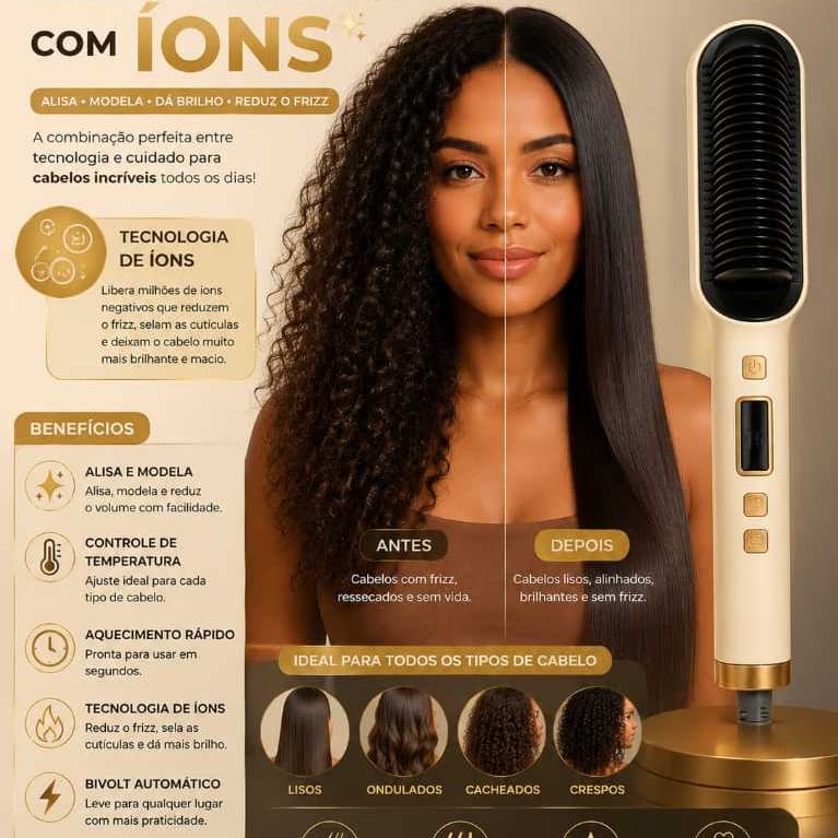 Escova Alisadora de Cabelos Cerâmica Íons 230°C Portátil Bivolt Multifuncional - Alisador Chapinha e Modelador