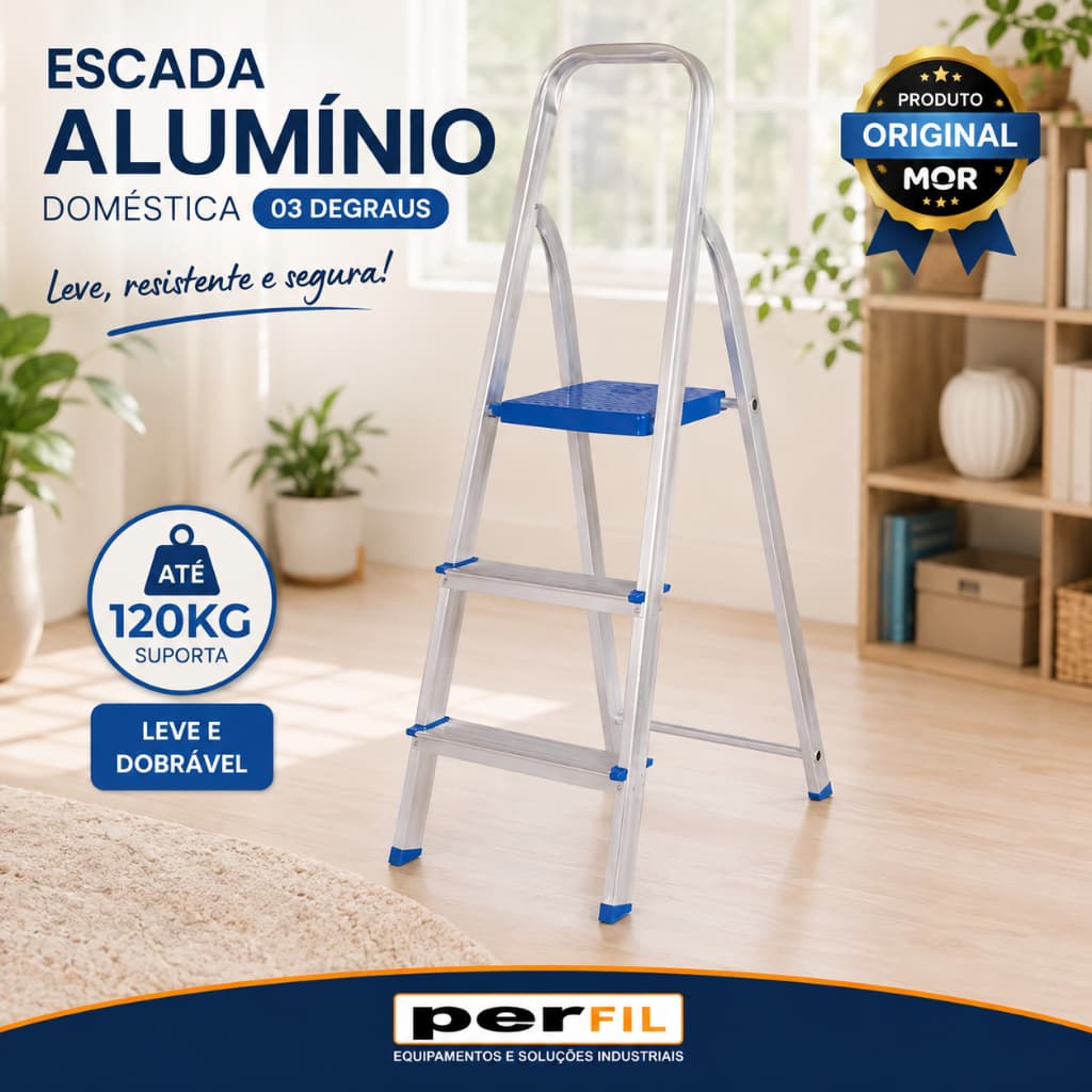 Escada Doméstica 3 Degraus Leve Dobrável Suporta 120kg MOR ESCADA PEQUENA ESCADA DE ALUMÍNIO MOR