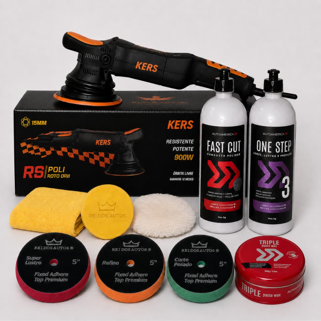 Kit Polimento Automotivo Politriz Kers RS 127v 15mm + Fast Cut + One Step + Cera 100g + Boinas 5 Polegadas E Flanela