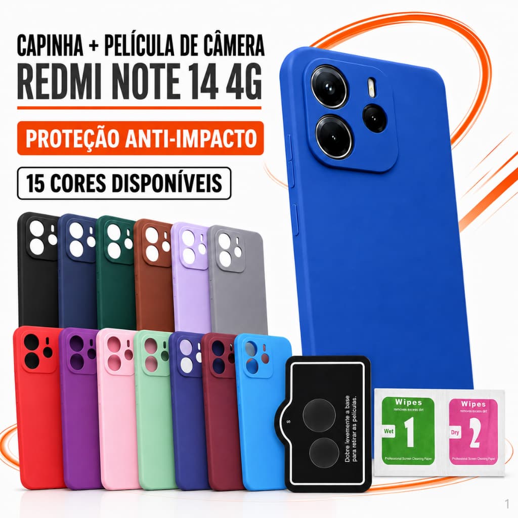 Case Redmi Note 14 4G Kit Capinha TPU Capa Película Lentes Películas Proteção da Câmera Transparente