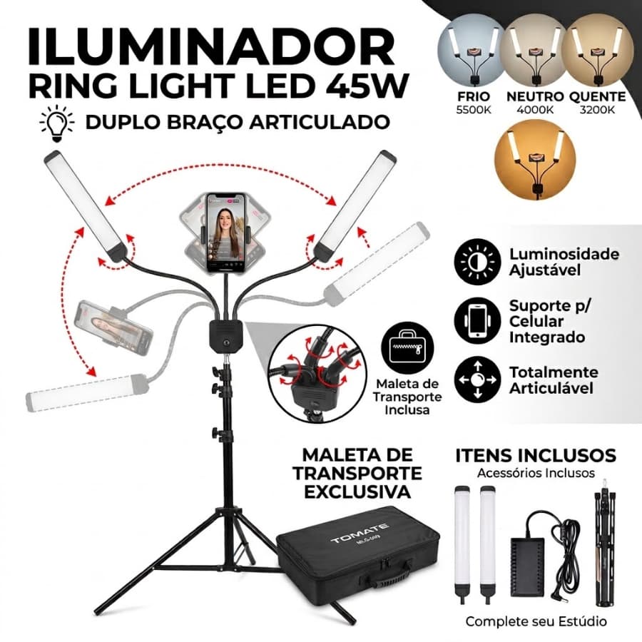 TOMATE Ring Light LED 45W KIT Profissional Braço Duplo Articulável + Tripé + Maleta Ringlight Duplo Luz de Preenchimento