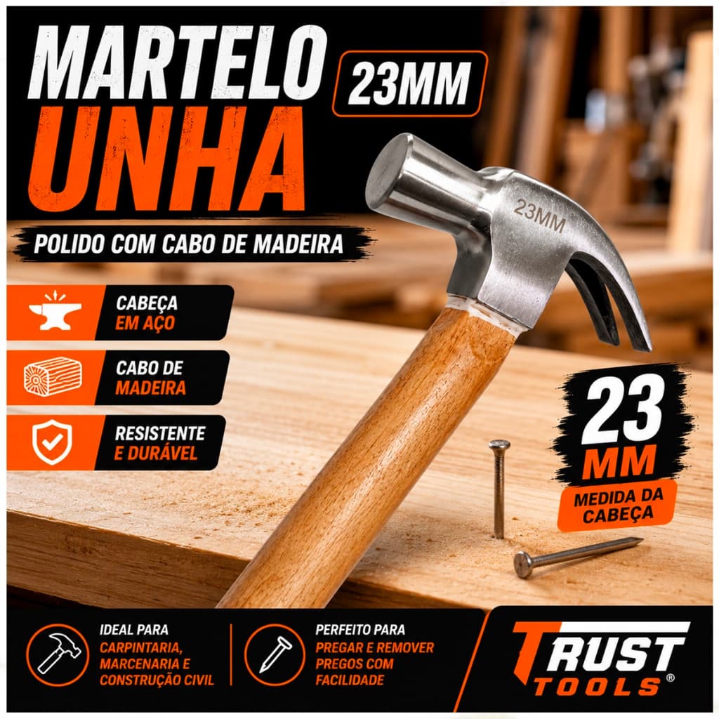 Martelo Unha 23mm Cabo de Madeira Polido Carpinteiro Marcenaria Construção