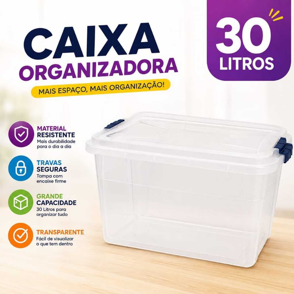 Caixa Organizadora 30 Litros  Com Fechamento Seguro em Plástico Resistente Tampa Travas Caixa Organizadora
