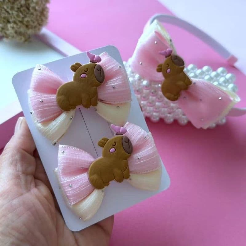 Kita laço infantil Capivara/Tiara infantil Capivara/laço rosa Capivara