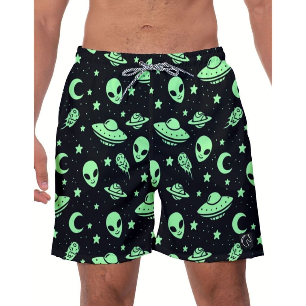 Short Masculino Space Preto e Verde Bermuda Praia Casual Moda Verão Confortável Leve Secagem Rápida Estampado