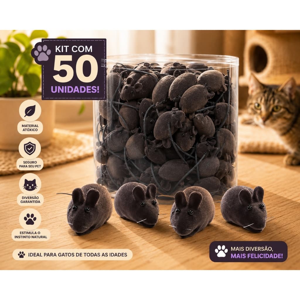 Kit 50 Brinquedos Ratinho Gatos Interativo Instinto de Caça Diversão Pet Atóxico Aveludado 12cm