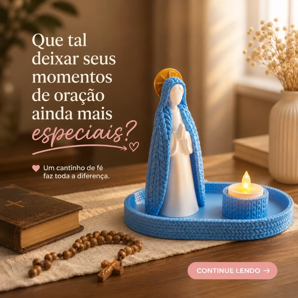 Nossa Senhora Crochê com Porta Vela LED e Bandeja Decorativa 11cm Decoração Religiosa
