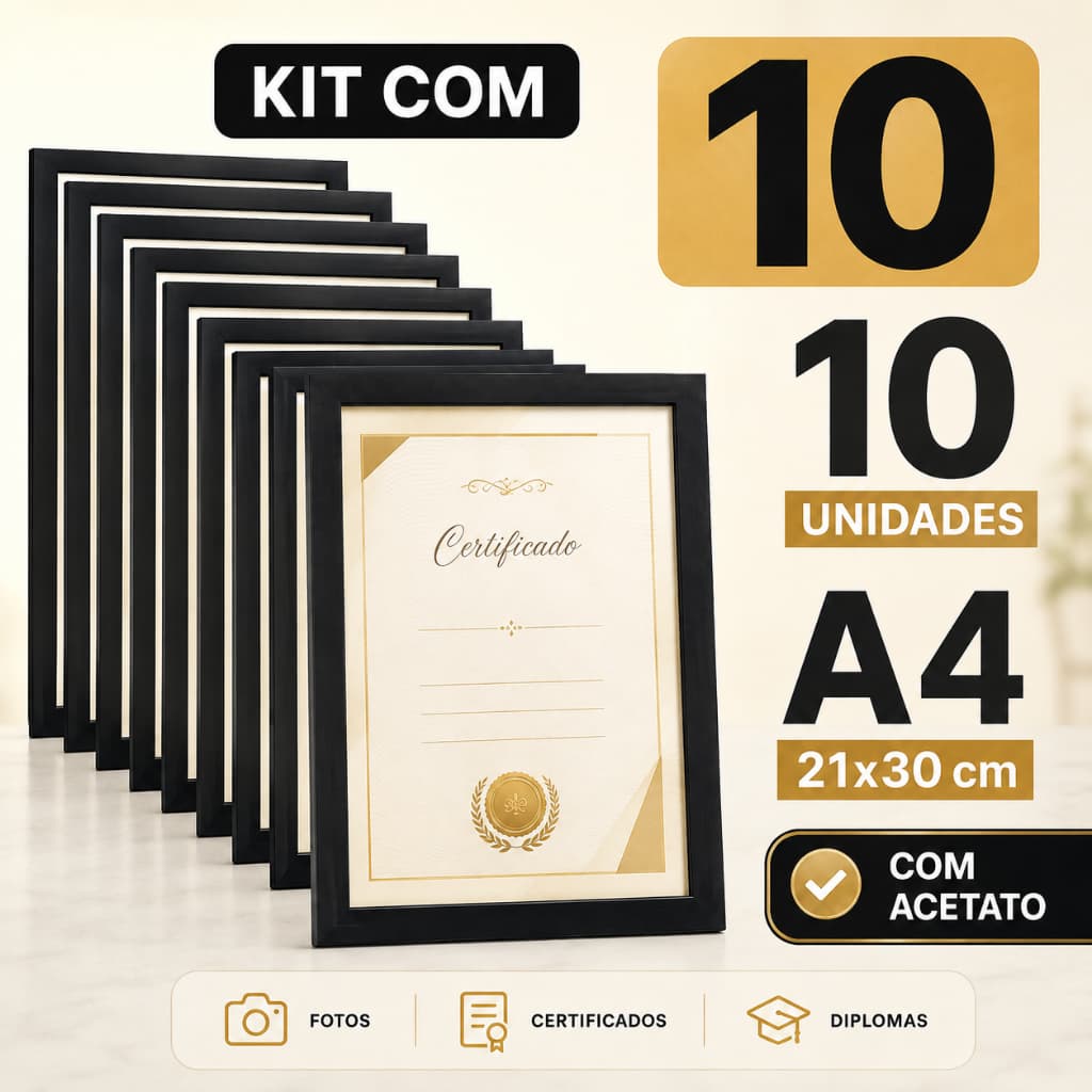 Kit com 10 Molduras Pretas A4 21x30 cm para Fotos, Certificados e Diplomas com Acetato e Fundo