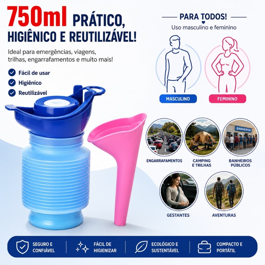 Kit Mictório Portátil Retrátil 750ml + Urinol Feminino Infantil Retrátil Unissex Para Viagem Camping Emergência