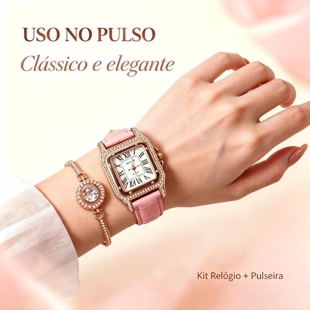Eletromex Kit Relógio Feminino + Pulseira Quadrado Rose Gold Cristais Correia Rosa Estojo Presente Clássico Elegante