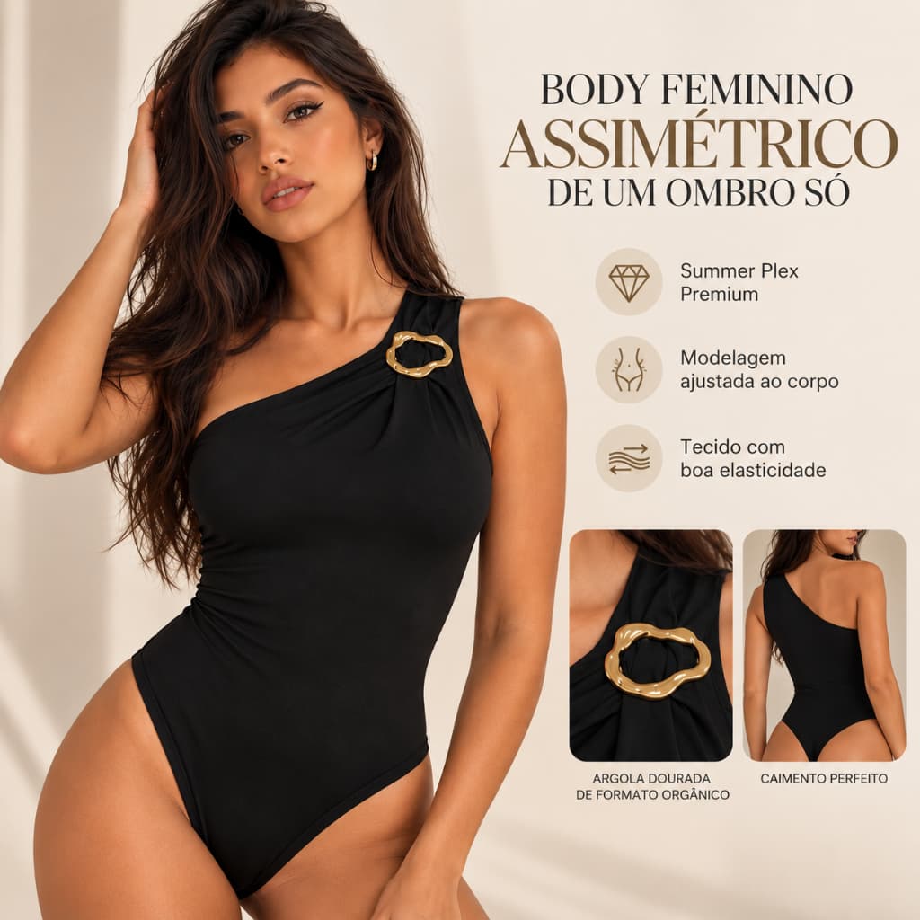 Body Feminino com Argola orgânica Dourada, Um Ombro Só, Body Elegante e Moderno para Festa, Casual e Looks Femininos