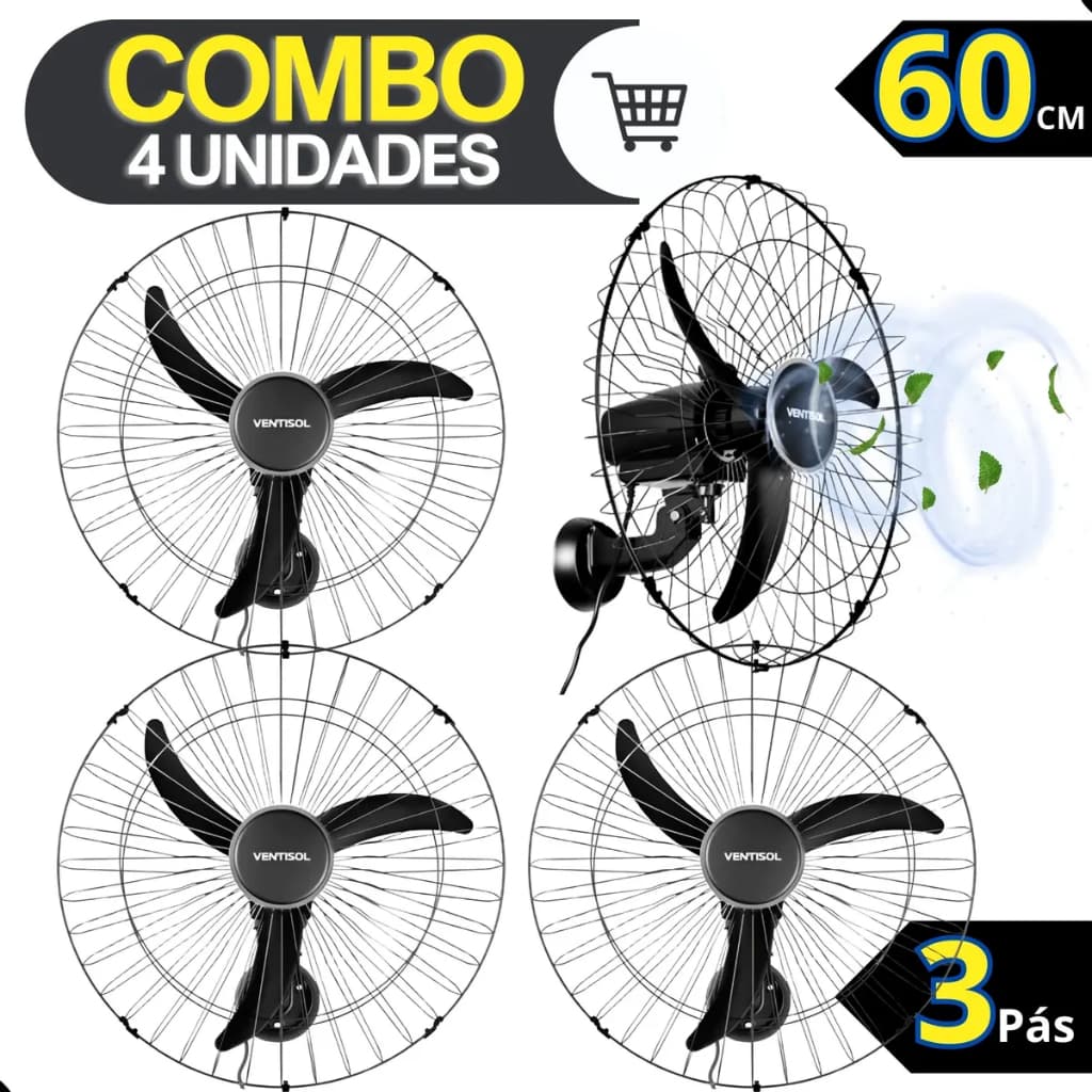 Kit 4 Ventiladores Parede Ventisol New 147W Potente Galpão Igreja Salas 3 Pás