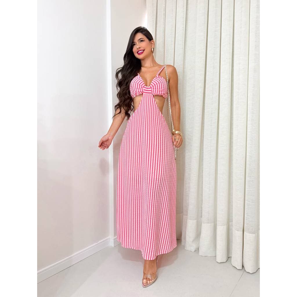 Vestido Feminino Longo Listrado Alcinha com Recortes na Cintura Verão