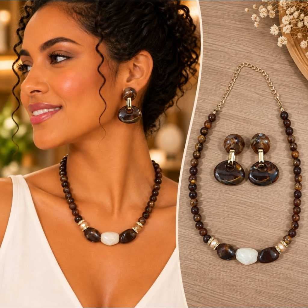 Kit Colar e Brinco Feminino Conjunto Elegante 20cm em Resina