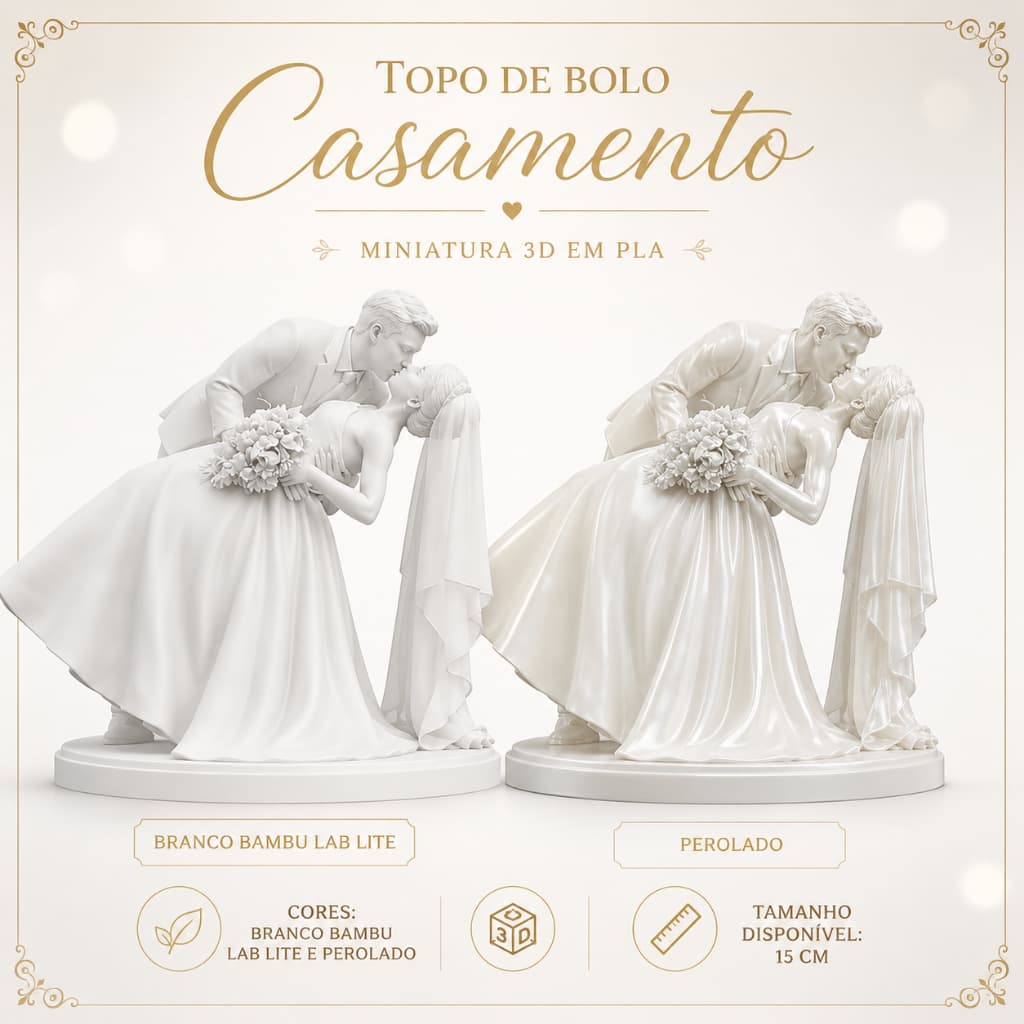 Topo de Bolo Casamento Noivinhos 3D Casal Noivos Bodas | 10-15-20cm | Branco ou Perolado | Beijo de cinema