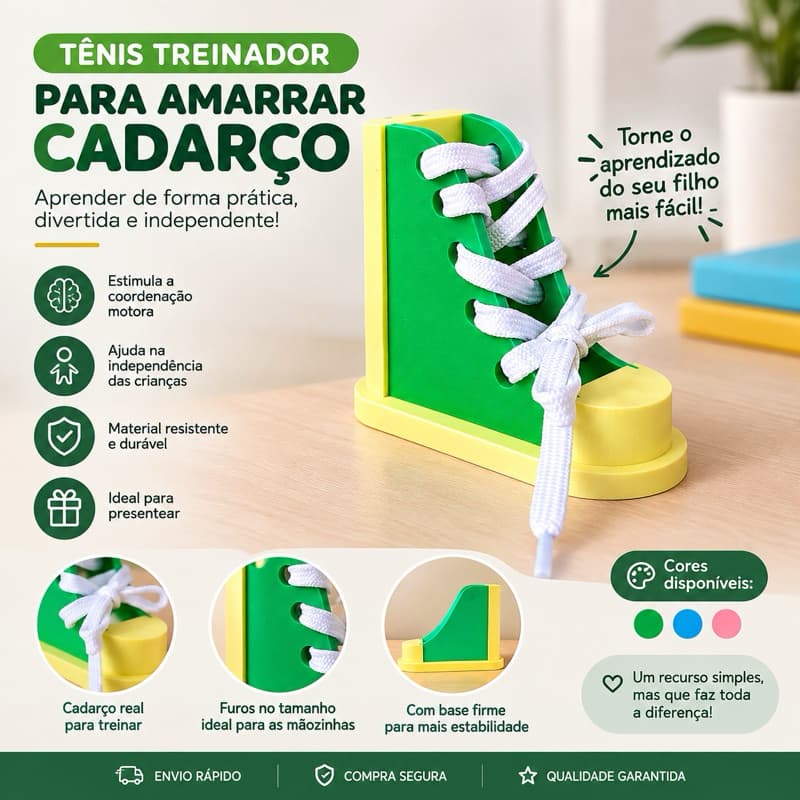 Tênis Treinador Educativo Amarrar Cadarço Coordenação Motora Brinquedo Infantil Autonomia