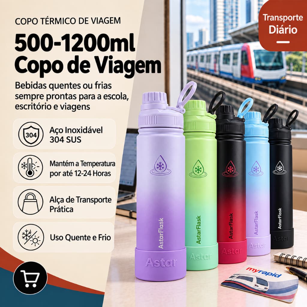 AstarFlask  Garrafa Térmica Aço Inoxidável500-1200ml  Com Alça  e base de silicone Garrafa Térmica Café