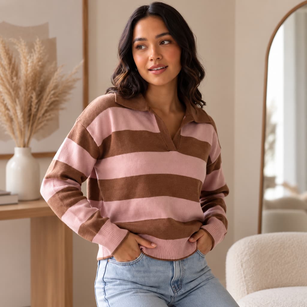Blusa Tricô Feminina Listrada Gola Polo Manga Longa Suéter Canelado Inverno