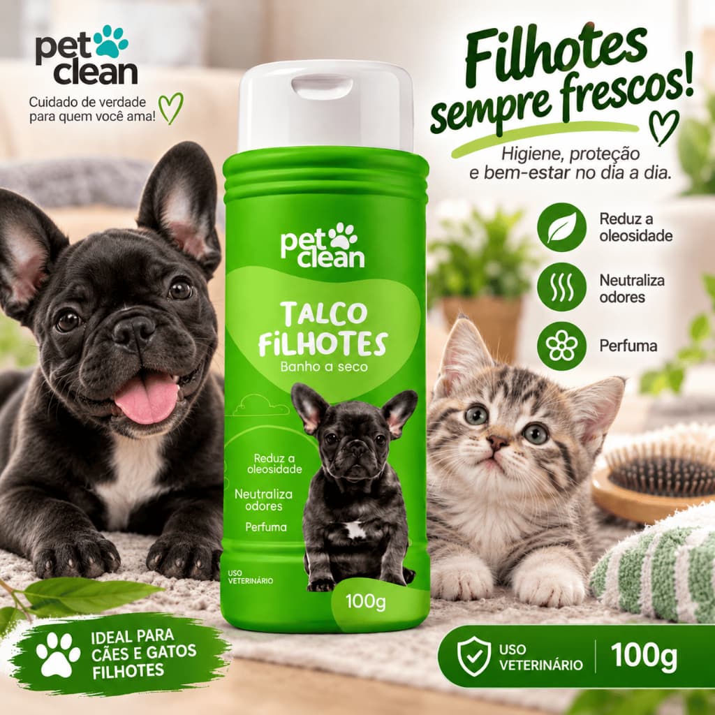 Talco Banho a Seco Pet Clean 100g para Cães e Gatos Filhotes