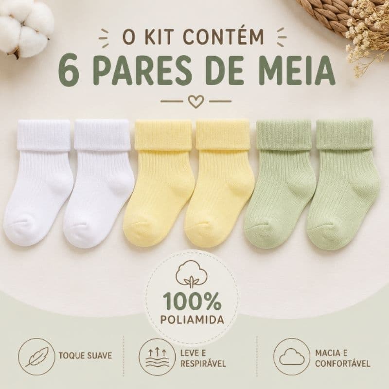 Kit 6 pares de Meia Bebê menino RN 0 a 6 Meses 100% Poliamida Confortável Macia