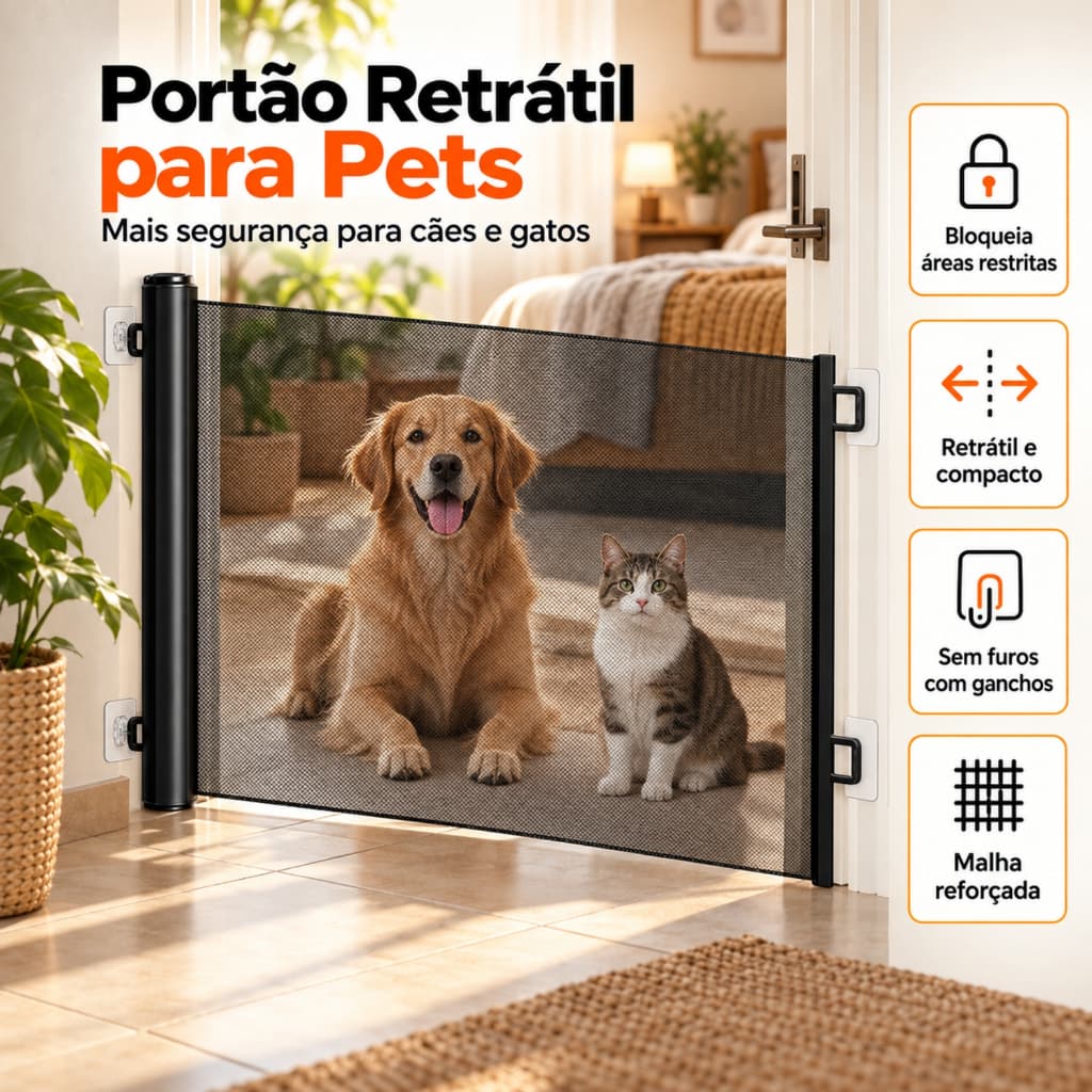 Portão Pet Retrátil Ajustável para Cachorro Gato Grade de Proteção Sem Furo Barreira de Segurança para Porta Interna Cas