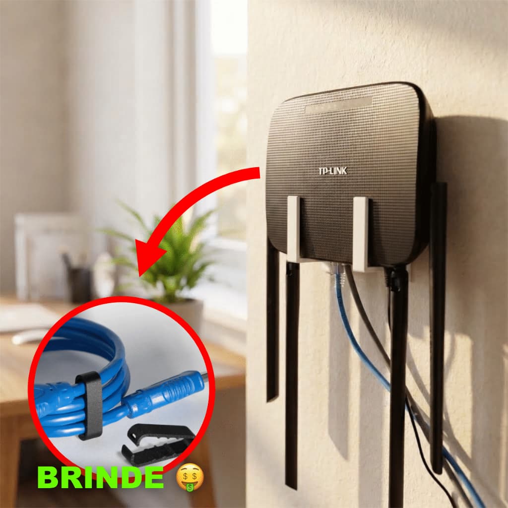 Suporte Roteador Parede Sem Furo Fita 3M Organizador WiFi Universal + Organizador Cabos