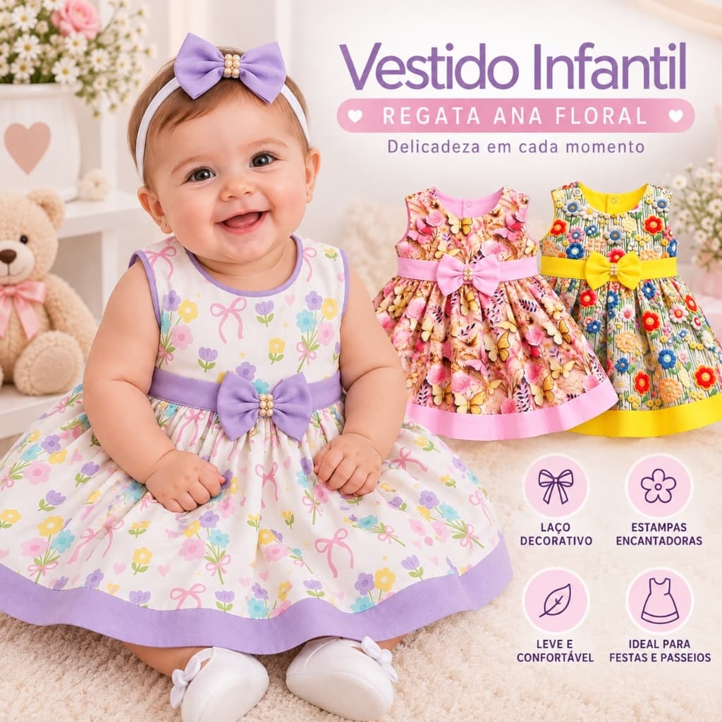 Vestido Infantil Bebê Menina Floral Regata com Laço Festa