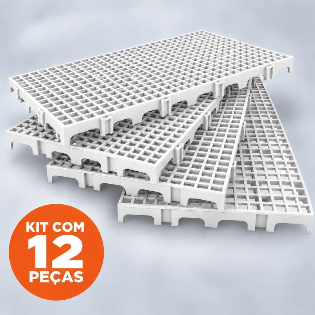 Kit 12 PEÇAS - Palete Estrado Piso Plástico Modular Branco Camara Fria Pet Shop Depósito Deck Pallet