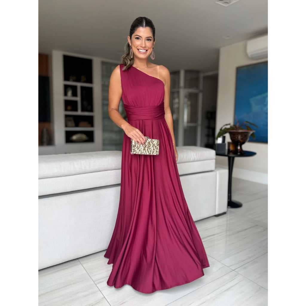 Vestido Soltinho Verão Festa em Geral Casamento Longo Uma Manga So Regata Elegante Social Verde Oliva Azul Tifany Lilas