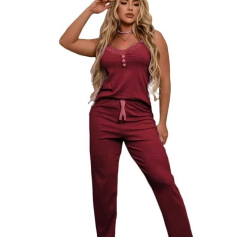 Pijama Feminino Camiseta Alça Botões Calça Comprima Laço Malha Canelada Confortável LF049