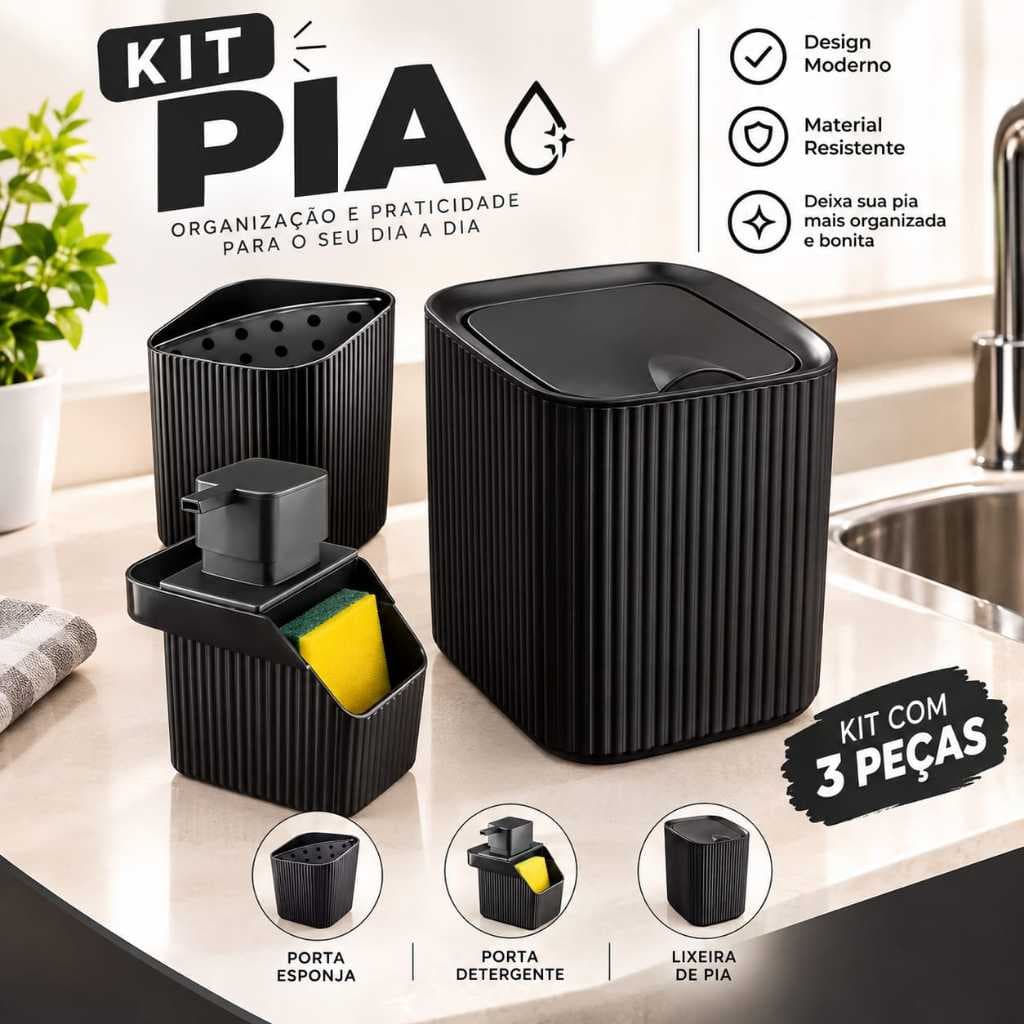 Kit Cozinha Porta Detergente Escorredor Para  Talheres  Lixeira 3 Litros Conjunto Pia Cozinha