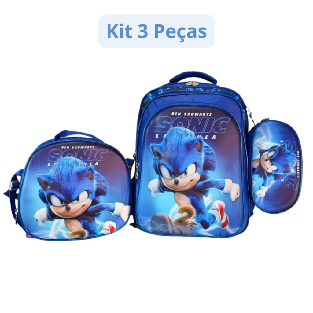 Kit Mochila Escolar Sonic 3D Infantil Reforçada Grande + Lancheira + Estojo