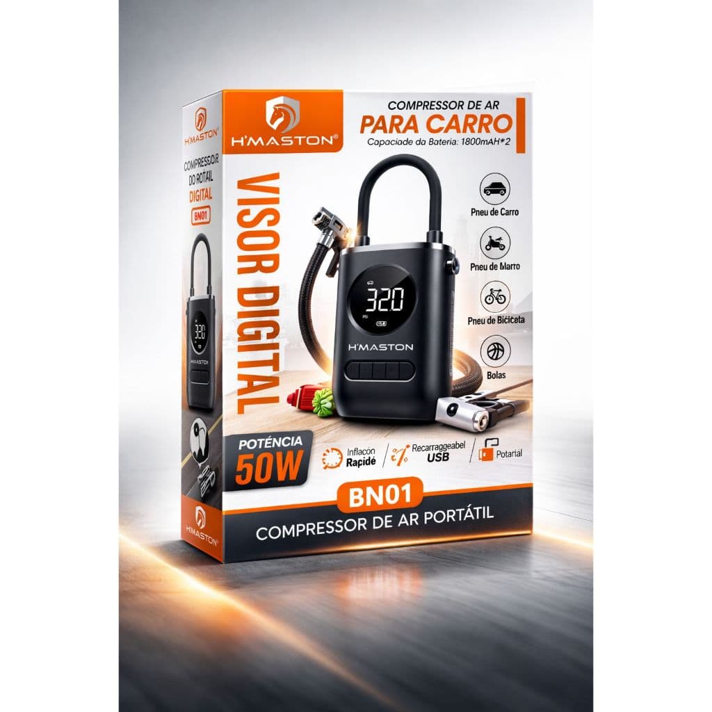 Compressor de Ar Portátil Digital H’Maston BN01 50W Recarregável 1800mAh x2 para Carro Moto Bike e Bolas