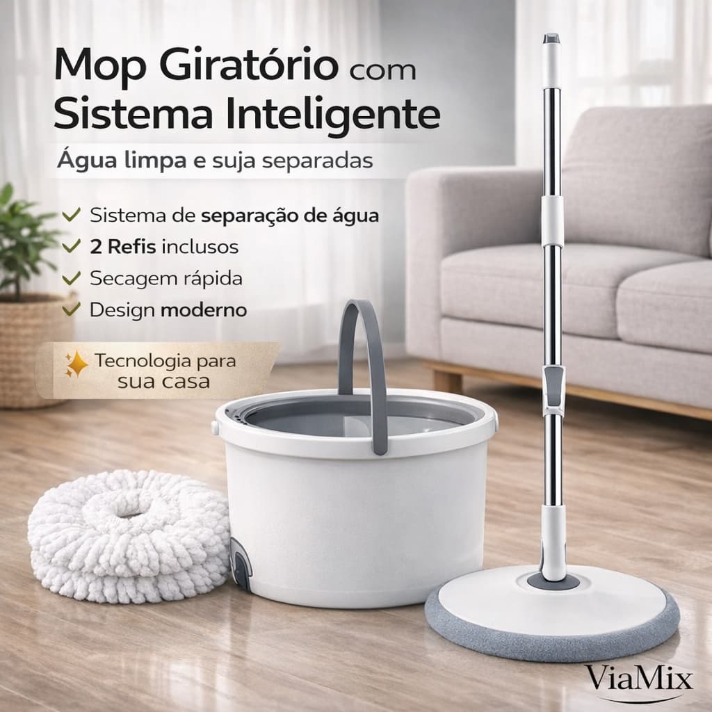 Mop Giratório Com Balde 13L Sistema Água Limpa e Suja 2 Refis Branco
