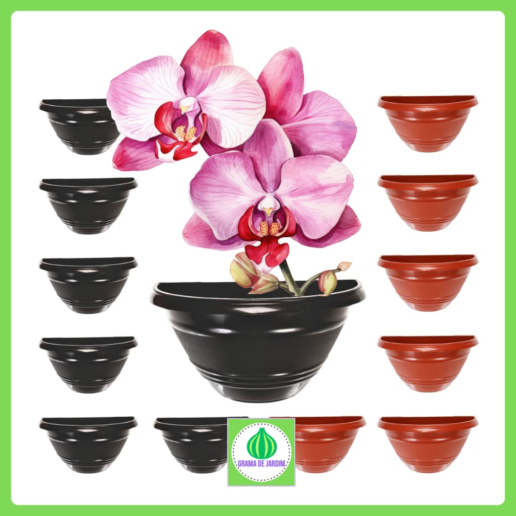 Kit Até 20 Vasos de Parede 1650 ml Preto Marrom Plastico Meia Lua Jardim Horta Decoração Vertical