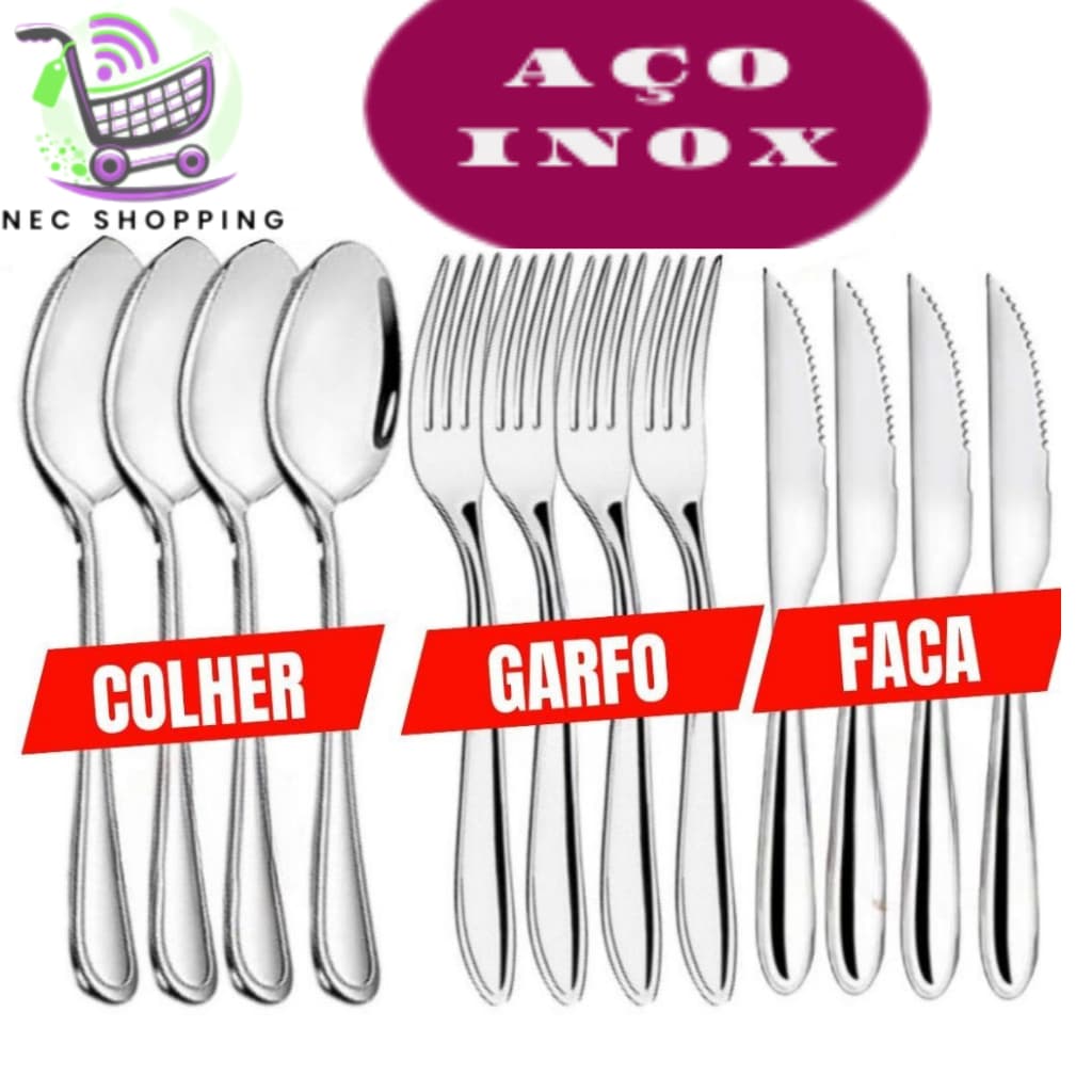 Jogo de 36 Talhares 12 Garfo 12 Colher 12 Faca Mesa  Peças Kit Buffet Restaurante Faqueiro Premium Aço Inox
