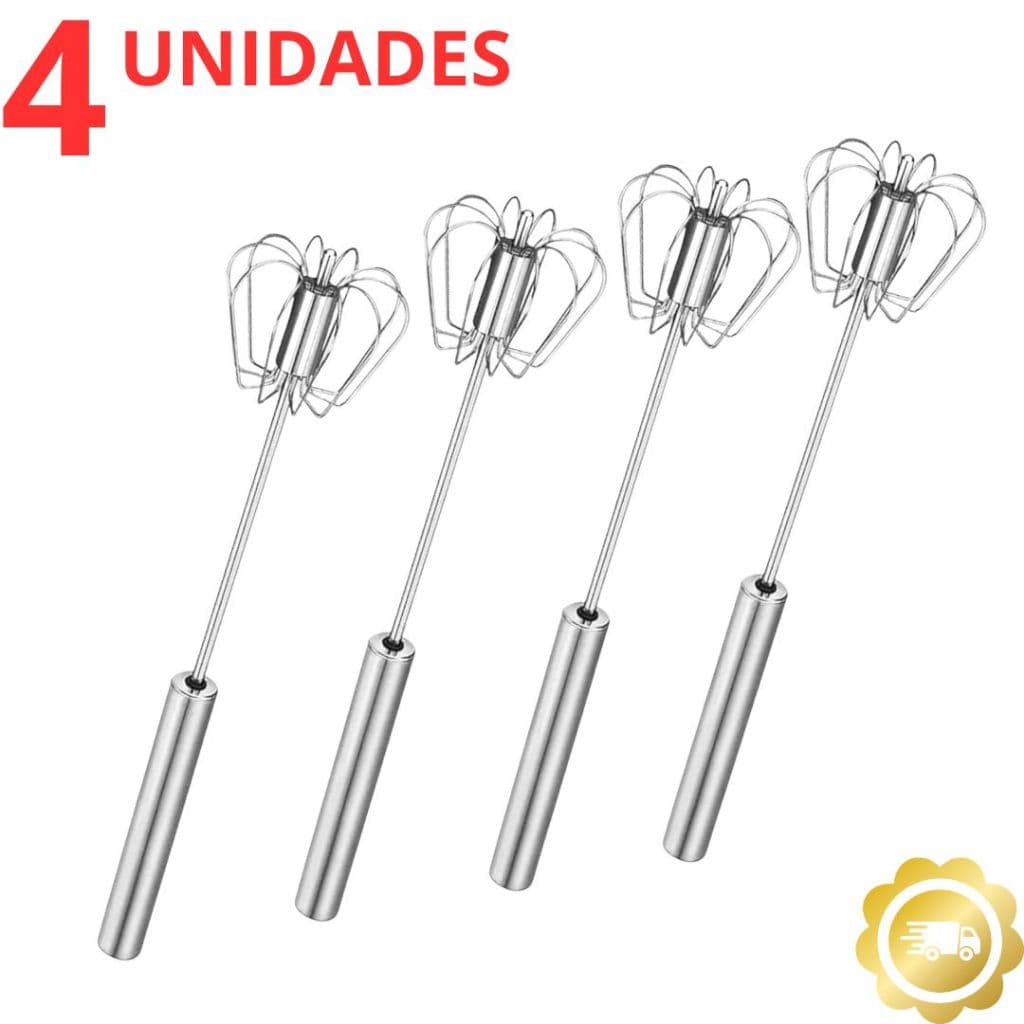 Kit 4 Batedores de Ovos Giratório Manual Inox Mixer Portátil