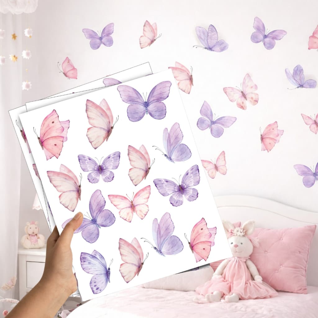 Adesivo De Parede Borboletas Rosa Decoração De Quarto Menina Roxo E Rosa