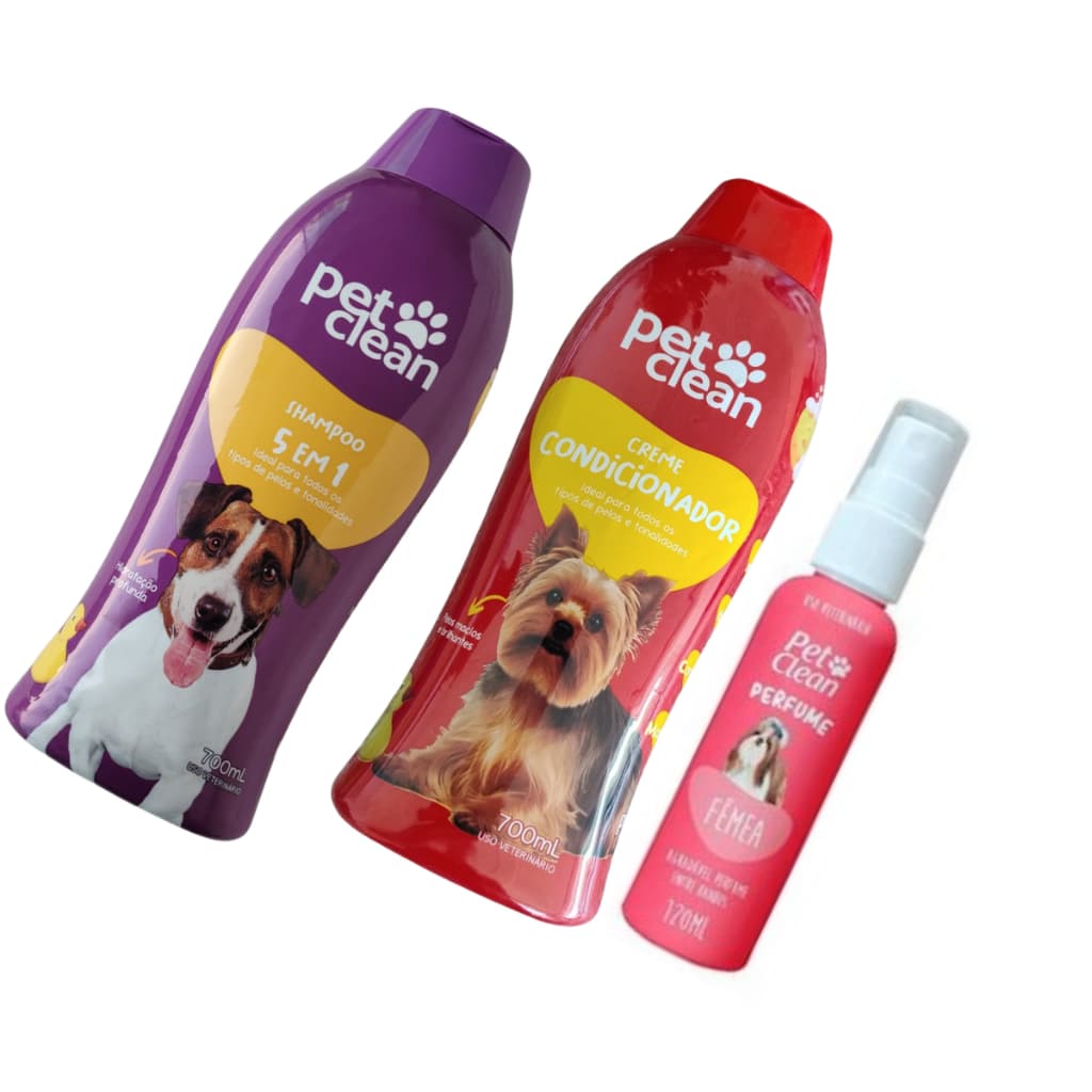 Kit Banho PetClean 5x1 Shampoo + Condicionador + Perfume Cães Gatos