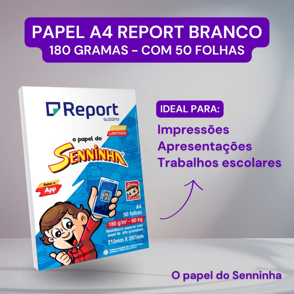 Papel Report A4 Branco 180g Senninha 50 Folhas 21x29,7cm | Alta Qualidade | Compatível com Impr. Jato e Laser | Sulfite
