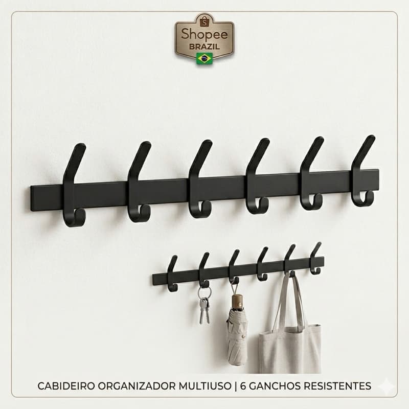 Jogo de Ganchos Suporte Cabideiro 6 Ganchos Suporte Toalhas Brasforma