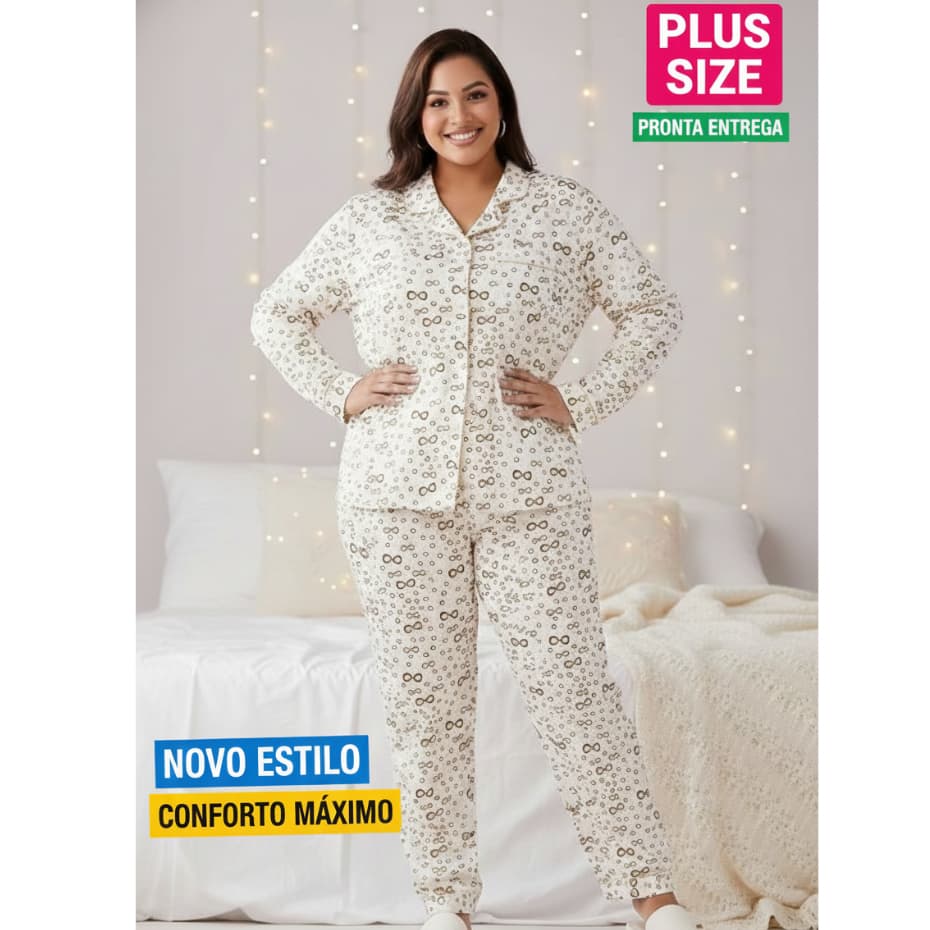 Pijama Feminino Plus Size Manga Longa Confortável e Macia Ideal para Outono e Inverno Roupa de Dormir