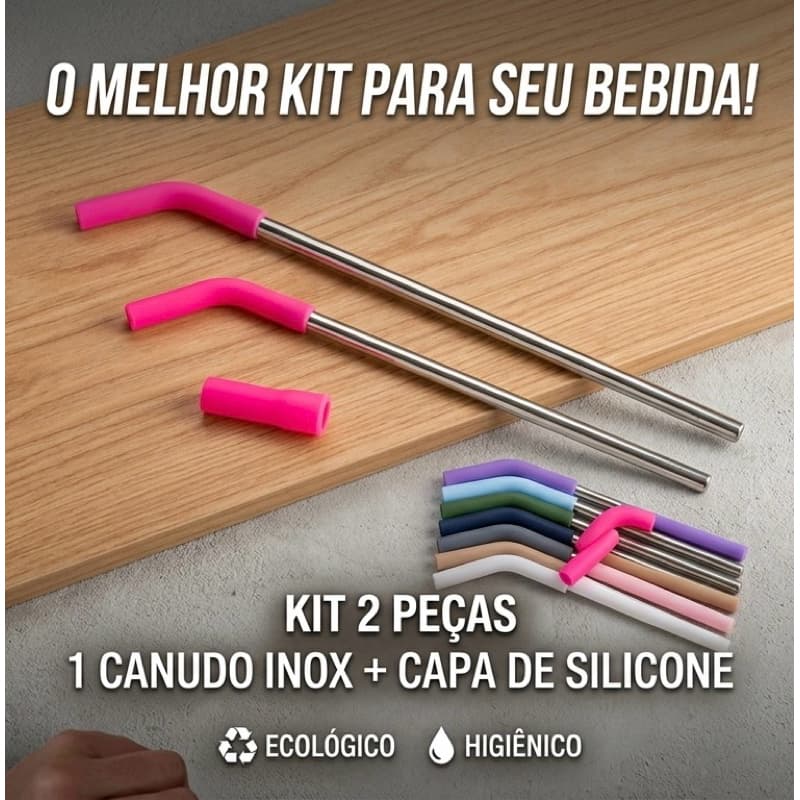 Kit para Copo/Copão de 1200ml Inox com 1x Canudo inox 28cm + 1x Capinha de Borracha