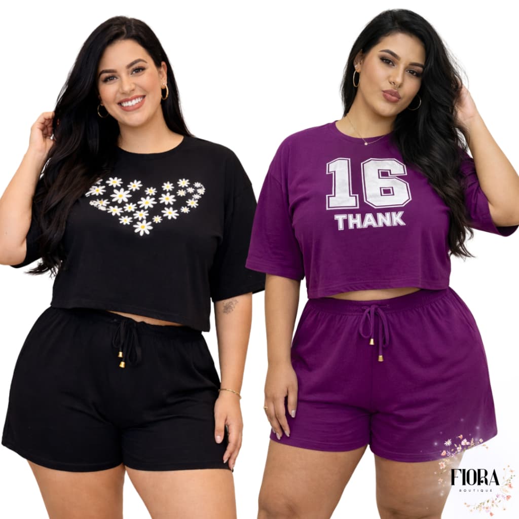 Conjunto Feminino Do 38 ao 54 Plus Size Camiseta Cropped e Short Cintura Alta 100% Algodão Estiloso