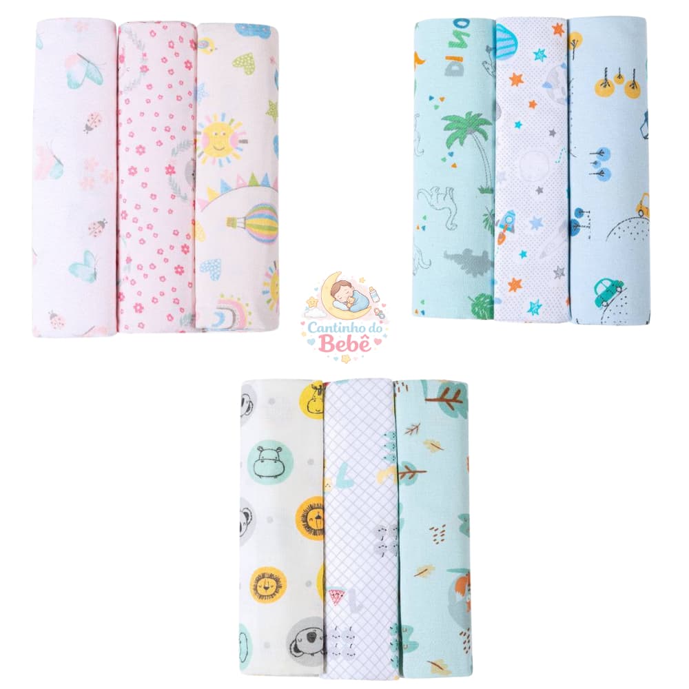 Kit 3 Cueiros Papi Flanelados Karinho Estampados 100x80cm para Bebê – Macio e Confortável