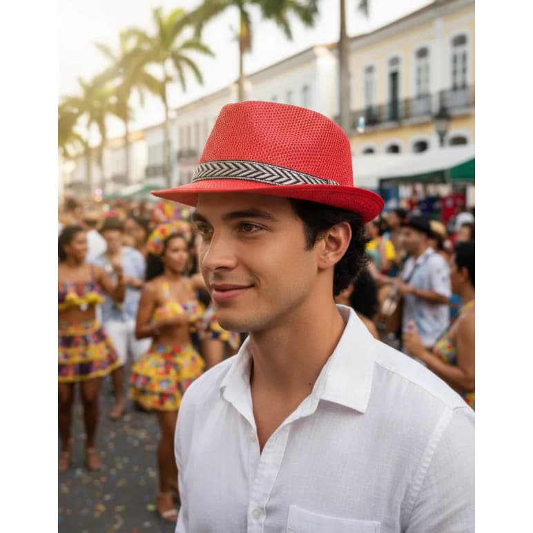 Chapéu Estilo Panamá Malandro VERMELHO para Sambista Samba Carnaval Fantasia Praia Piscina e Balada